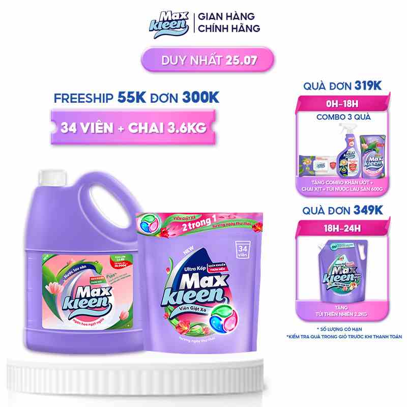 Combo Túi Viên Giặt Xả MaxKleen (34 viên/túi) + Chai Lau sàn MaxKleen Ngàn hoa ngọt ngào 3.6kg/chai