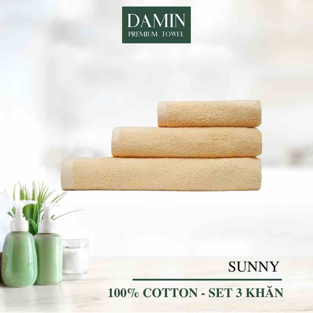 [Mã BMLTB200 giảm đến 100K đơn 499K] Bộ 3 khăn mặt, tắm, gội Damin Sunny 100% cotton - màu vàng