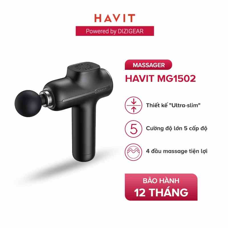 Máy Massage Thể Thao Cầm Tay Havit MG1502, Cường Độ Lớn 5 Cấp Độ, 4 Đầu Massage - Chính Hãng BH 12 Tháng Dizigear