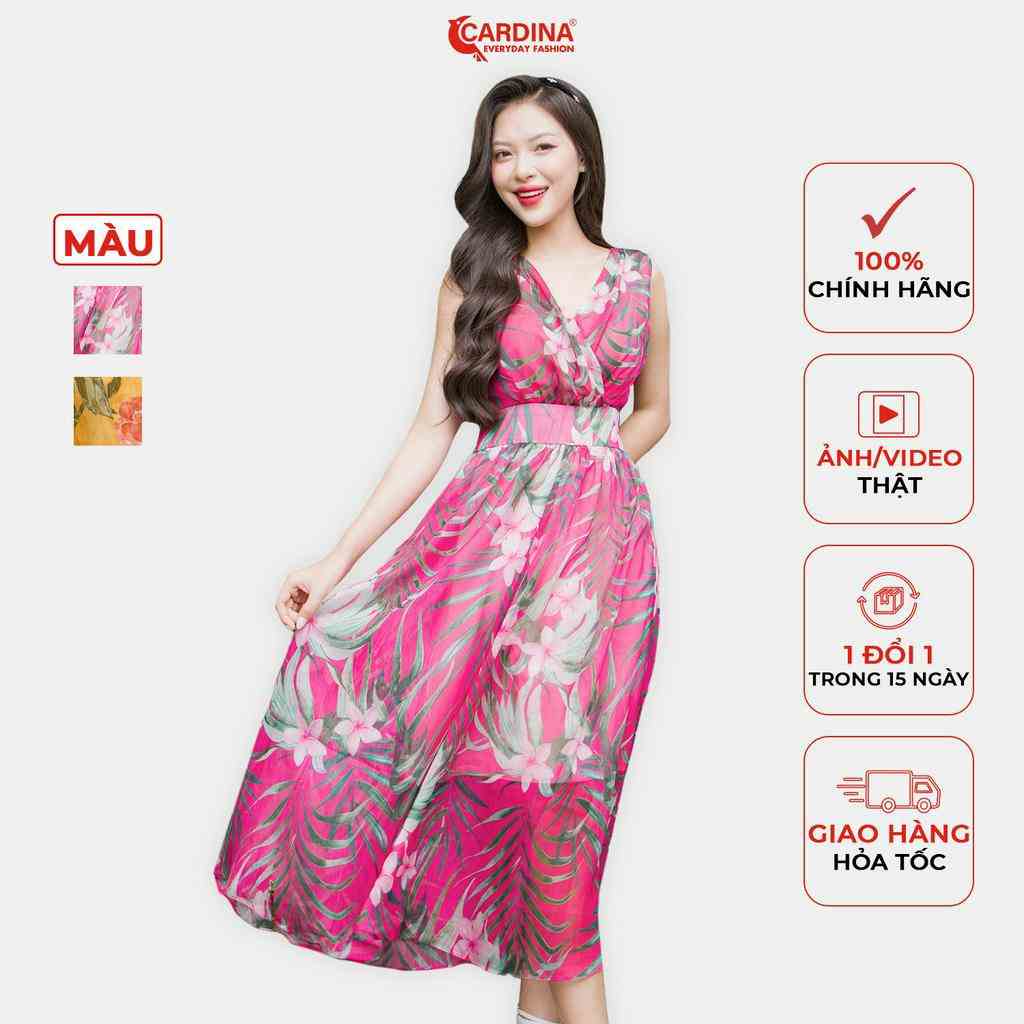 Đầm Maxi Nữ 𝐂𝐀𝐑𝐃𝐈𝐍𝐀 Chất Tơ Hoa Cao Cấp Sát Nách Dáng Xòe Cổ V Họa Tiết Xinh Xắn 3VT05