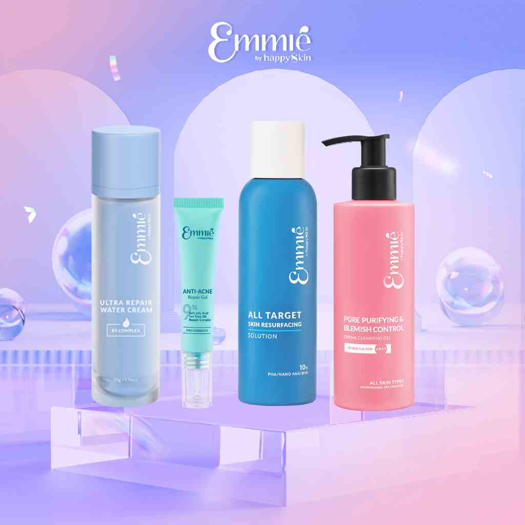 Bộ sản phẩm 4 món: gel rửa mặt 180ml- toner- Gel giảm mụn 12ml- kem dưỡng B5 complex 50ml Emmié By HappySkin