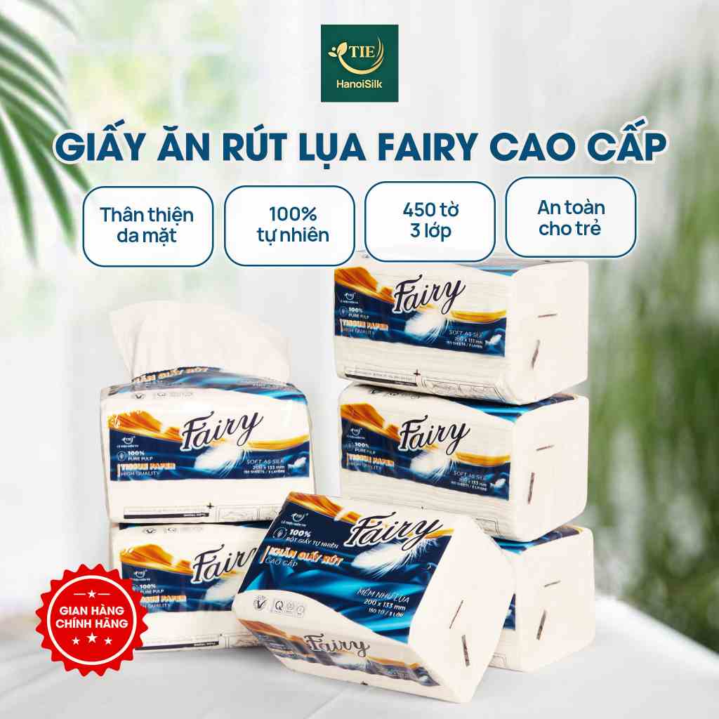 Giấy Ăn Rút Lụa Fairy Ngắn 150 tờ x 3 lớp Tiện Dụng Siêu Tiết Kiệm, Khăn Giấy 100% Gỗ Tự Nhiên Mềm Mại Bền Dai An Toàn