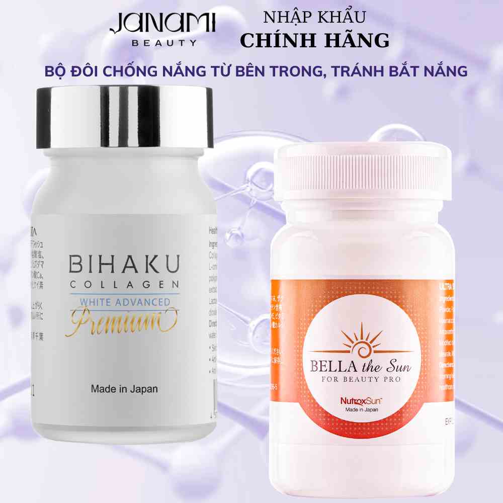 Bộ đôi bảo vệ da, giúp trắng sáng ngừa tia UV Bihaku Collagen 30v và Bella The Sun 30v của Nhật Bản