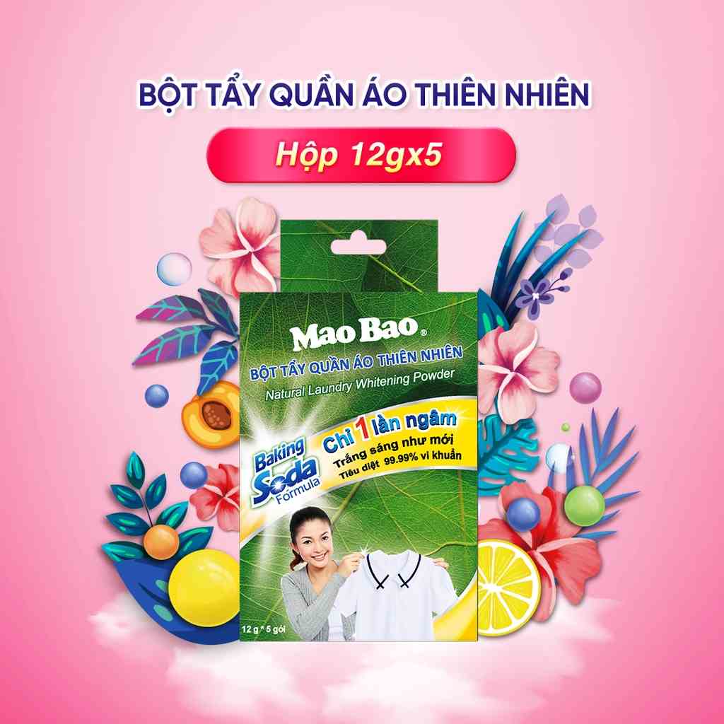 Bột tẩy quần áo thiên nhiên Baking Soda Mao Bao 12g x5 gói tẩy sạch quần áo trắng, chăn ga, trắng sáng, an toàn cho da