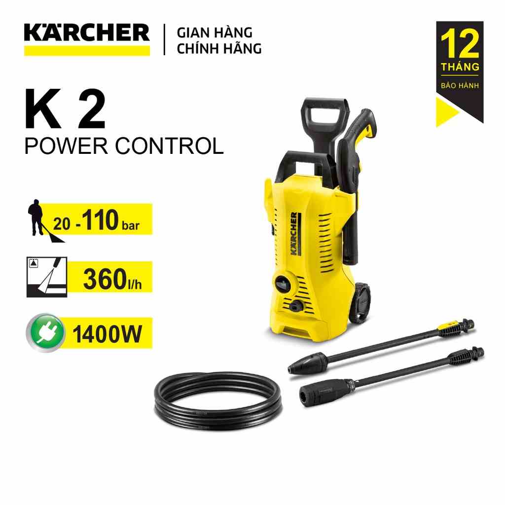 (Sản xuất Đức) Máy phun rửa áp lực cao Karcher K2 Power control áp lực tùy chỉnh 20-110 bar, công suất 1400w