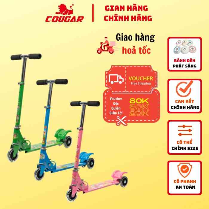 Xe Trượt Scooter Cougar 951 Chính Hãng Dành Cho Trẻ Em, Có 3 Bánh Phát Sáng, Điều Chỉnh Được Chiều Cao