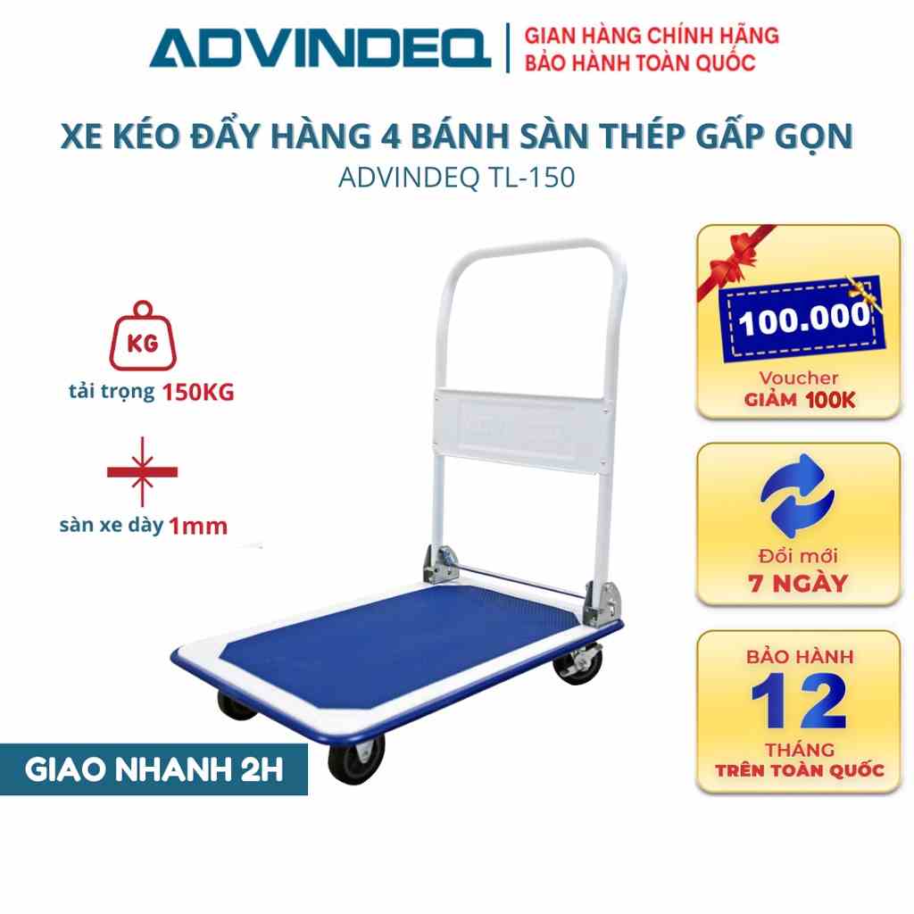 Xe đẩy hàng 4 bánh gấp gọn ADVINDEQ TL-150 sàn thép cao cấp, tải trọng 150kg, bảo hành 12 tháng toàn quốc