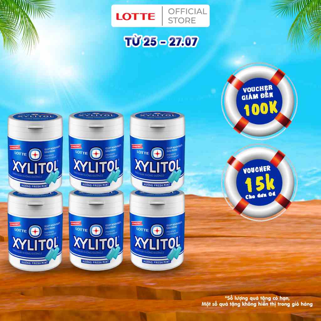 [Mã BMLTB35 giảm đến 35K đơn 99K] Combo 6 hũ Kẹo Gum không đường Lotte Xylitol - Hương Fresh Mint 130,5 g