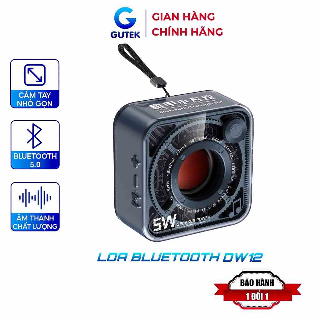 Loa bluetooth mini bass mạnh Gutek DW12 vỏ trong suốt nghe nhạc không dây cầm tay nhỏ gọn dây hỗ trợ thẻ nhớ