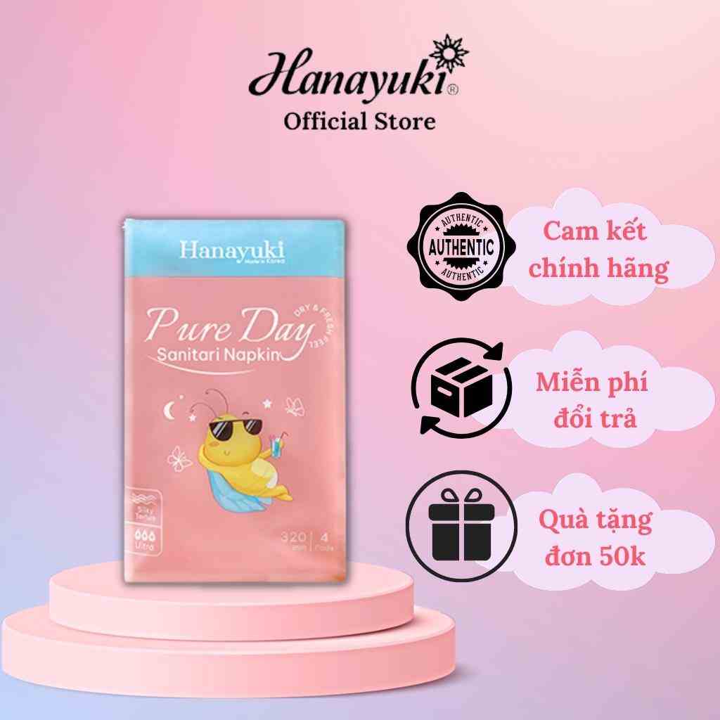 Băng Vệ Sinh Ban Đêm Pure Day Sanitary Napkin Siêu Thấm Chống Tràn Gói 4 Miếng Có Cánh Size L Hanayuki Chính Hãng