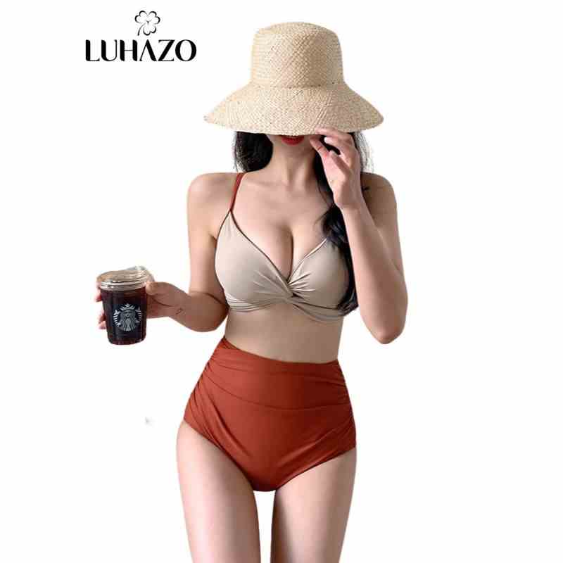 Bikini 2 mảnh LUHAZO phối màu retro nổi bật quần cạp cao che bụng tốt có mút nâng ngực tốt 2698 DK3T201