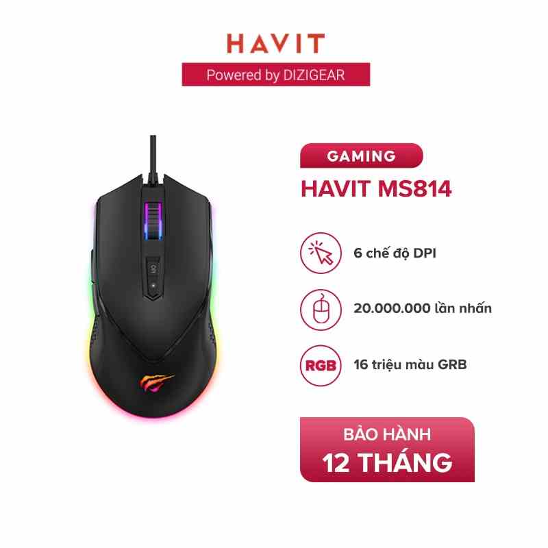 Chuột Gaming HAVIT MS814, 16 Triệu Màu RGB, 6 Chế Độ DPI, Tích Hợp 7 Nút Điều Chỉnh - Chính Hãng BH 12 Tháng Dizigear