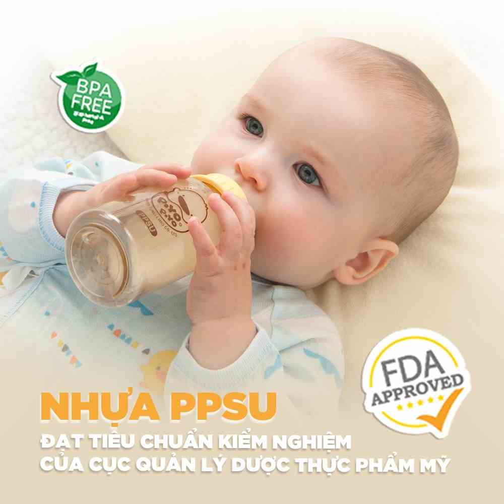 Bình sữa cổ rộng Piyo Piyo 240ml nhựa PPSU chịu nhiệt tới 180 độ, thân bình cong dễ cầm