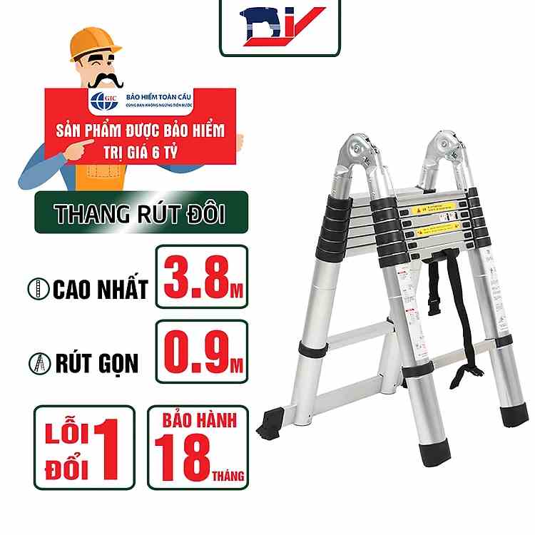 [HỎA TỐC 2H HCM] Thang nhôm rút đôi DIY TL-AI-38 chiều cao sử dụng tối đa chữ A 1.8m, chữ I 3.8m, tải trọng 150kg