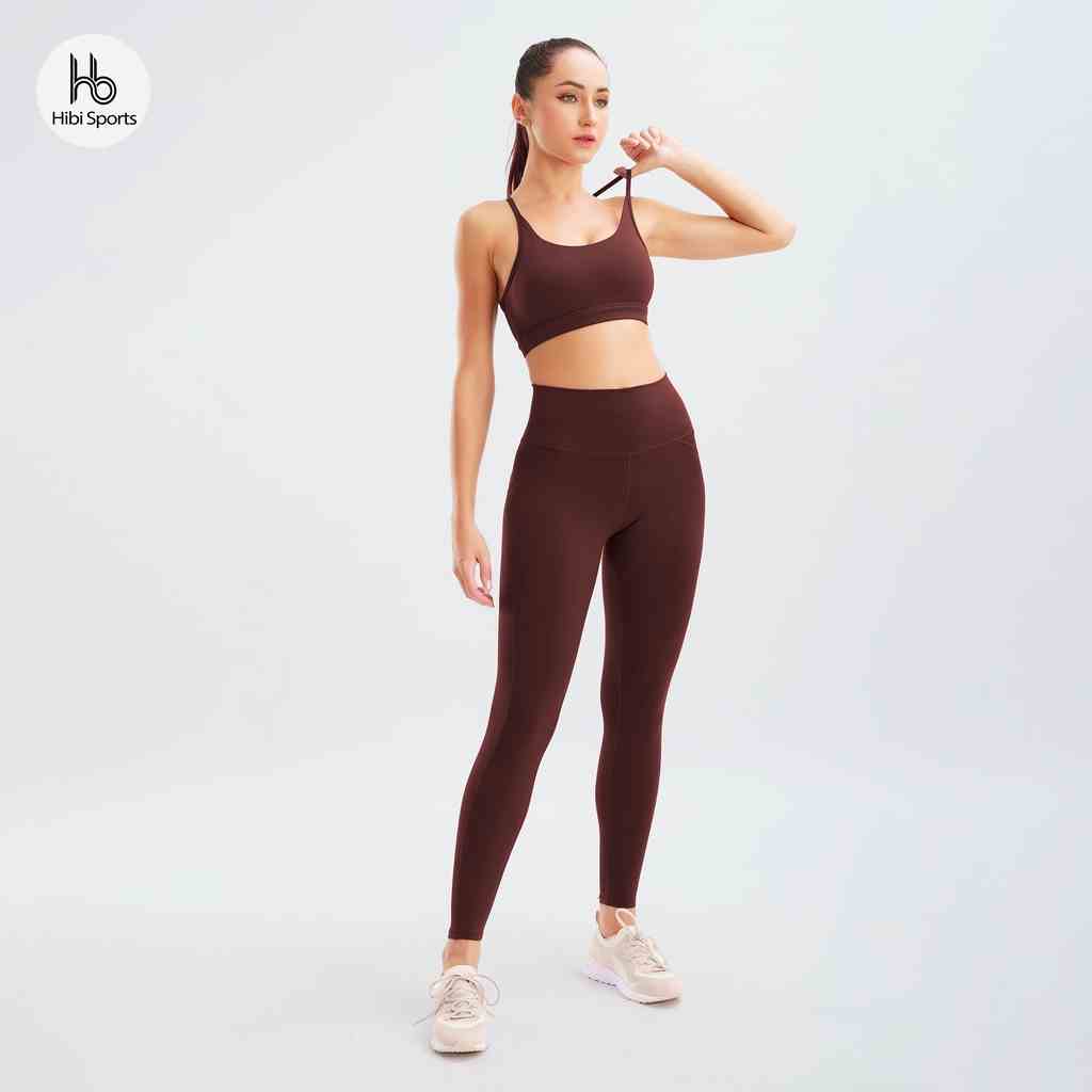 Set đồ tập yoga gym Luxury Hibi Sports H140 đan hai nơ bản to, màu Nâu kèm mút ngực, chất vải cao cấp Lu Fabric