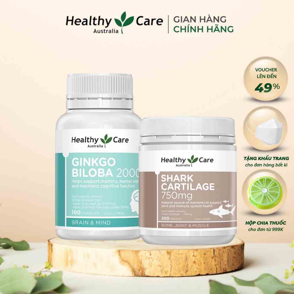 Combo Viên Uống Bổ Não Healthy Care Ginkgo Biloba 100 Viên Và Viên Uống Khớp Healthy Care Shark Cartilage 750mg 200 viên