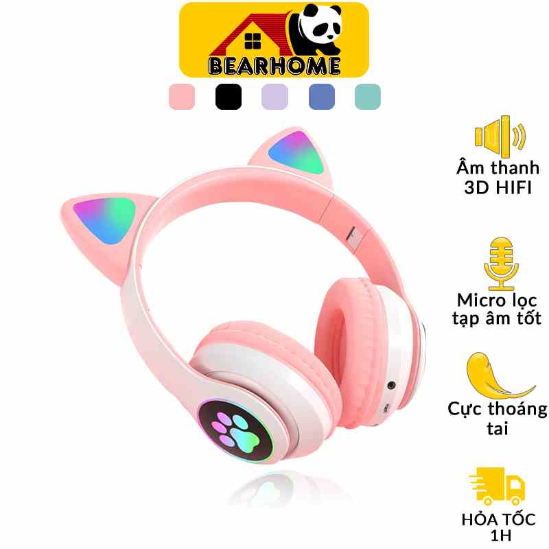 Tai Nghe Mèo Bluetooth Chụp Tai tai nghe không dây BEARHOME Headphone Có Micro Đàm Thoại, học online, Có Đèn Led