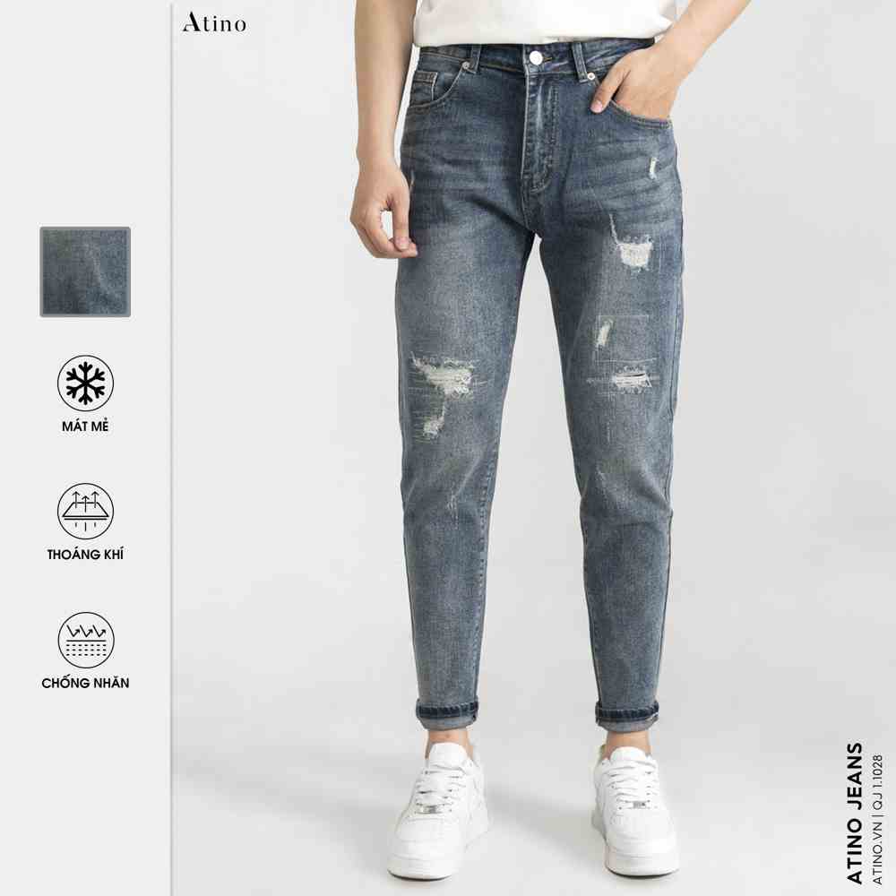 Quần Jean Nam Xanh Rách ATINO Chất Liệu Jean Pha Spandex Form Slim-Fit QJ1.1028