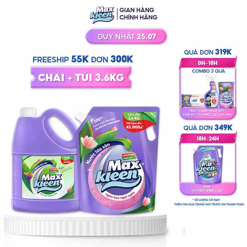 Combo Chai Lau Sàn MaxKleen Ban Mai 3.6kg + Túi Lau Sàn Ngọt ngào 3.6kg