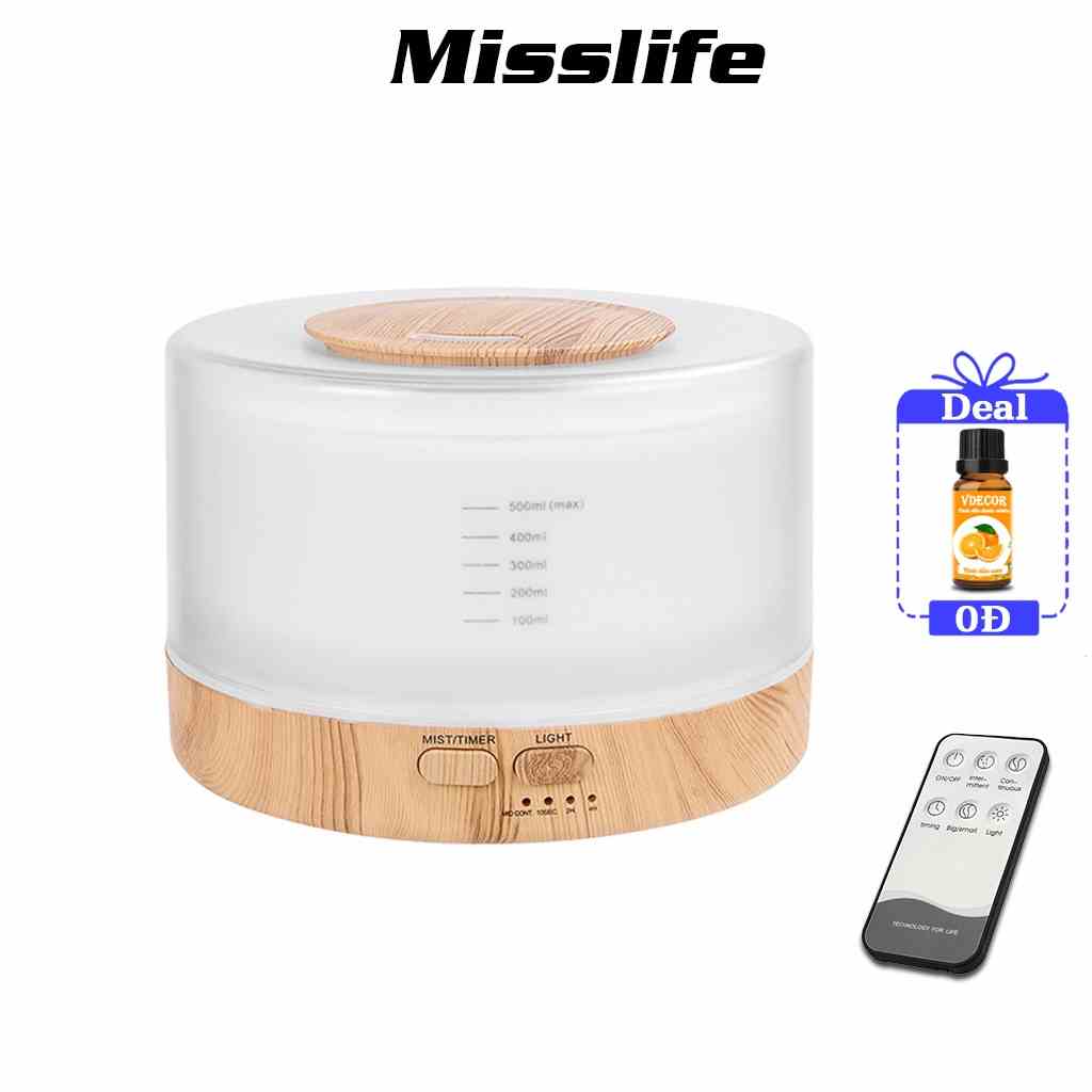 Máy phun sương Misslife Trụ Trong 500ml tích hợp led 7 màu remote và tặng tinh dầu