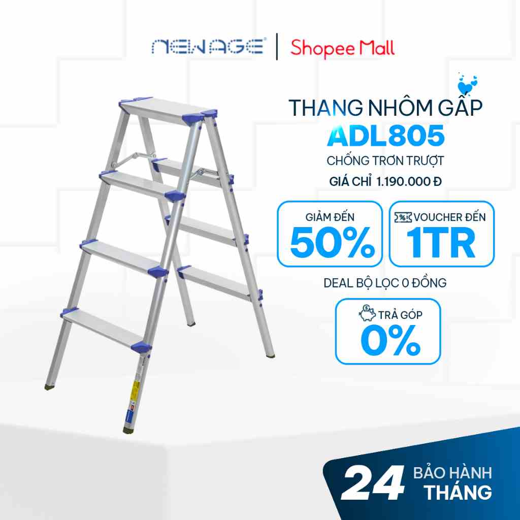 Thang Nhôm Chữ A Gấp Gọn 4, 5, 6 Bậc ADVINDEQ ADL804, hợp kim nhôm cao cấp chống oxi hóa, tải trọng 150kg