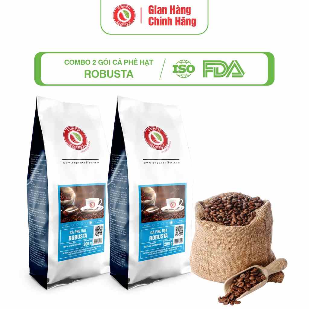 COMBO 2 GÓI Cà phê Robusta 100% nguyên chất rang mộc Copen Coffee, gu truyền thống đậm đà, thơm nồng - 200G/ GÓI