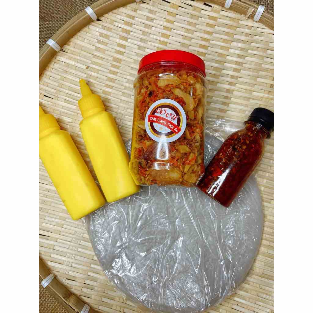 Bánh tráng phơi sương Cô Cự 500gr, muối ruốc hành phi 200gr , bơ béo 200gr, sốt chấm sa tế 100ml