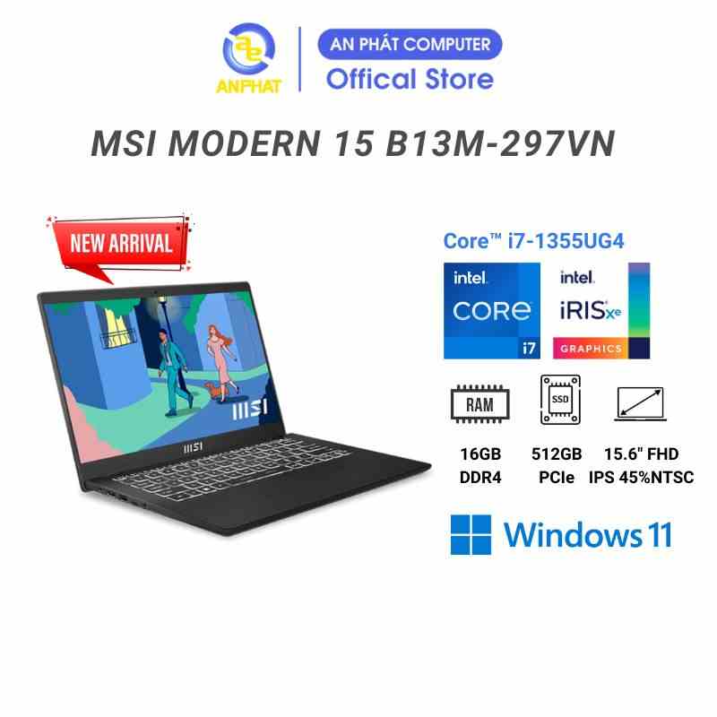 [Mã ELCL12 giảm 12% đơn 10TR] Laptop MSI Modern 15 B13M-297VN |Core i7-1355U | 16GB | 512GB | 15.6