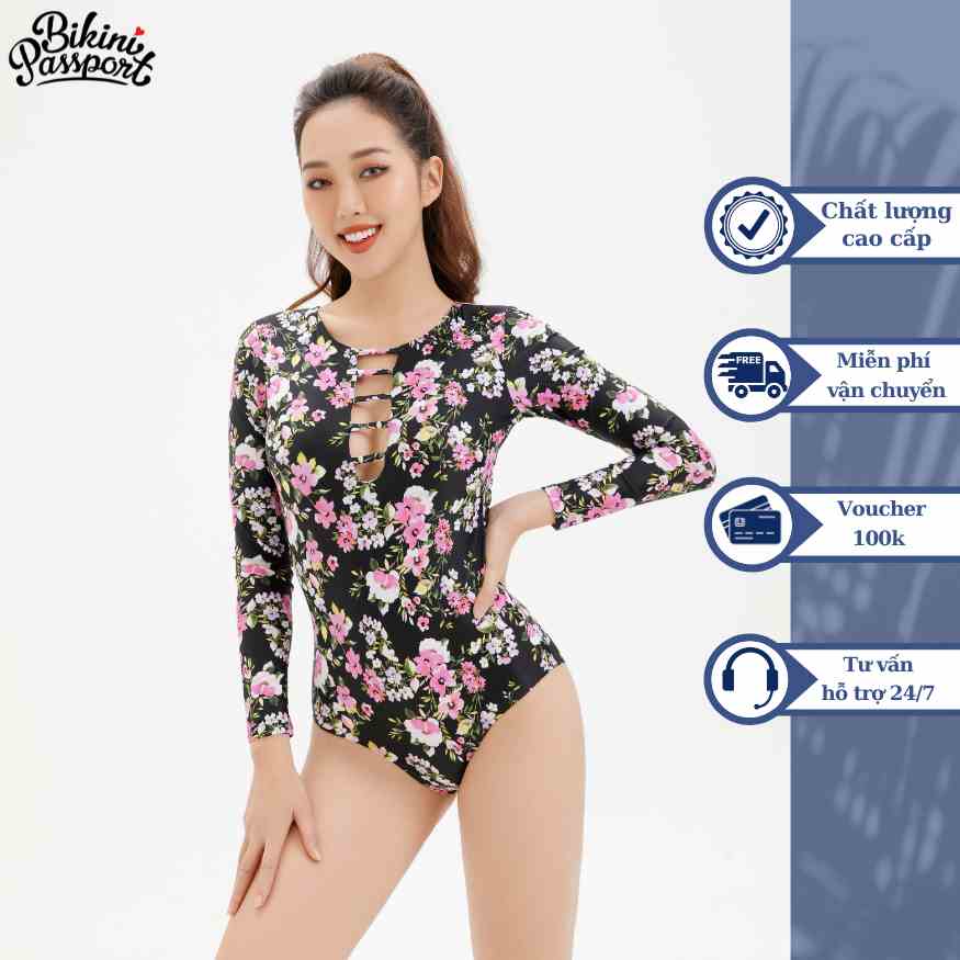 Đồ bơi Nữ BIKINI PASSPORT kiểu Một mảnh tay dài đan dây ngực - màu Đen - BS259_BL