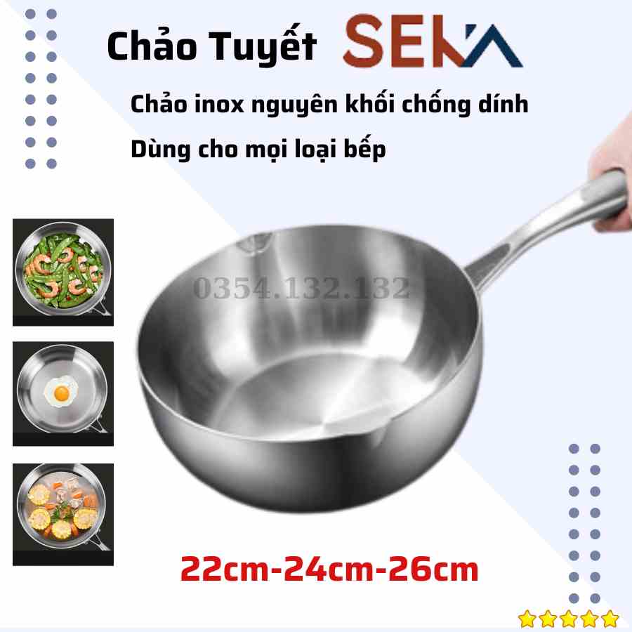 Chảo inox nguyên khối chống dính SEKA dùng cho mọi loại bếp tặng kèm vỉ gác chảo