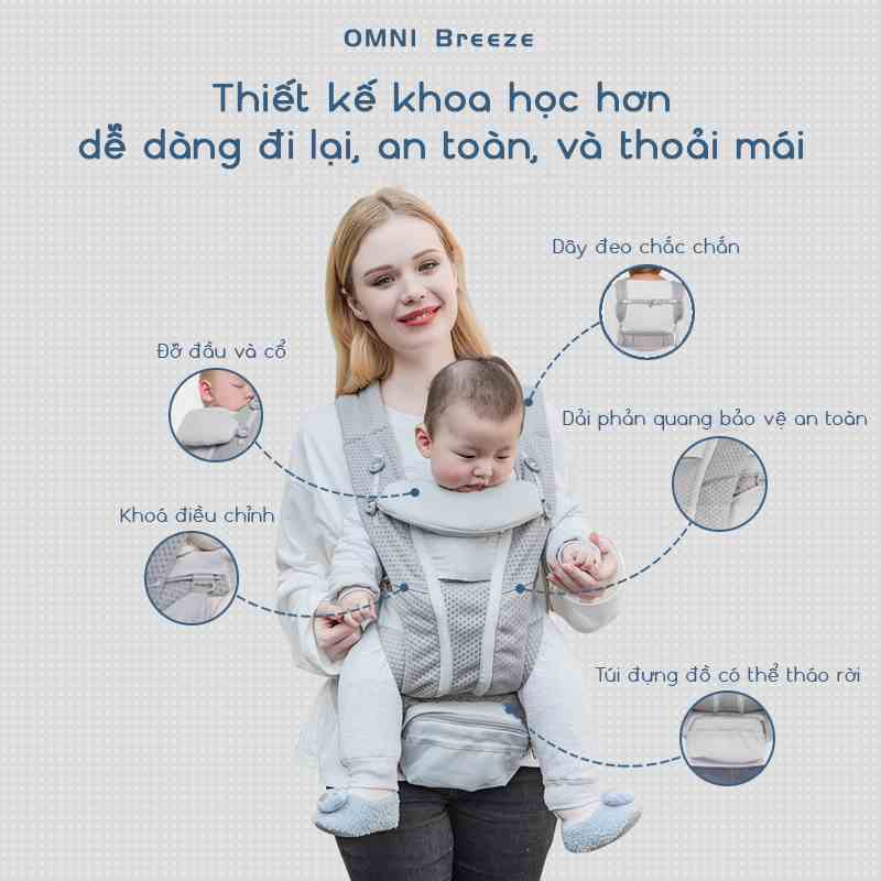 Địu em bé địu cho bé sơ sinh đến 4 tuổi KidsWorld Omni Brezee trợ lực 4 tư thế thoáng khí có đỡ đầu đỡ cổ chính hãng