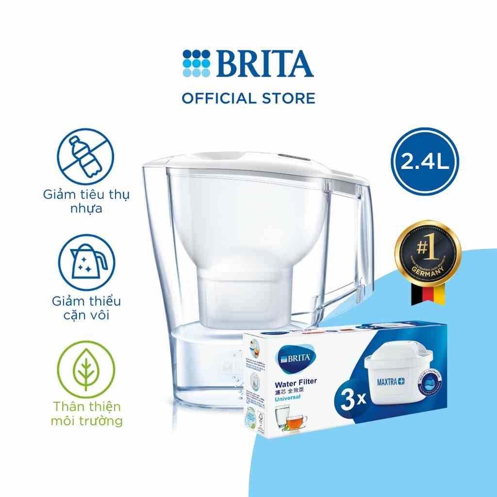 Combo Bình lọc nước BRITA Aluna White  kèm Hộp 3 lõi lọc BRITA Maxtra Plus