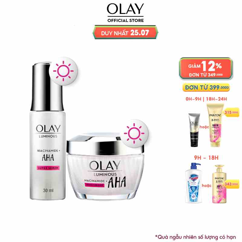 Combo 2: Kem Dưỡng + Serum Sáng Da, Mờ Thâm Mụn OLAY LUMINOUS NIACINAMIDE AHA (50G + 30ML)