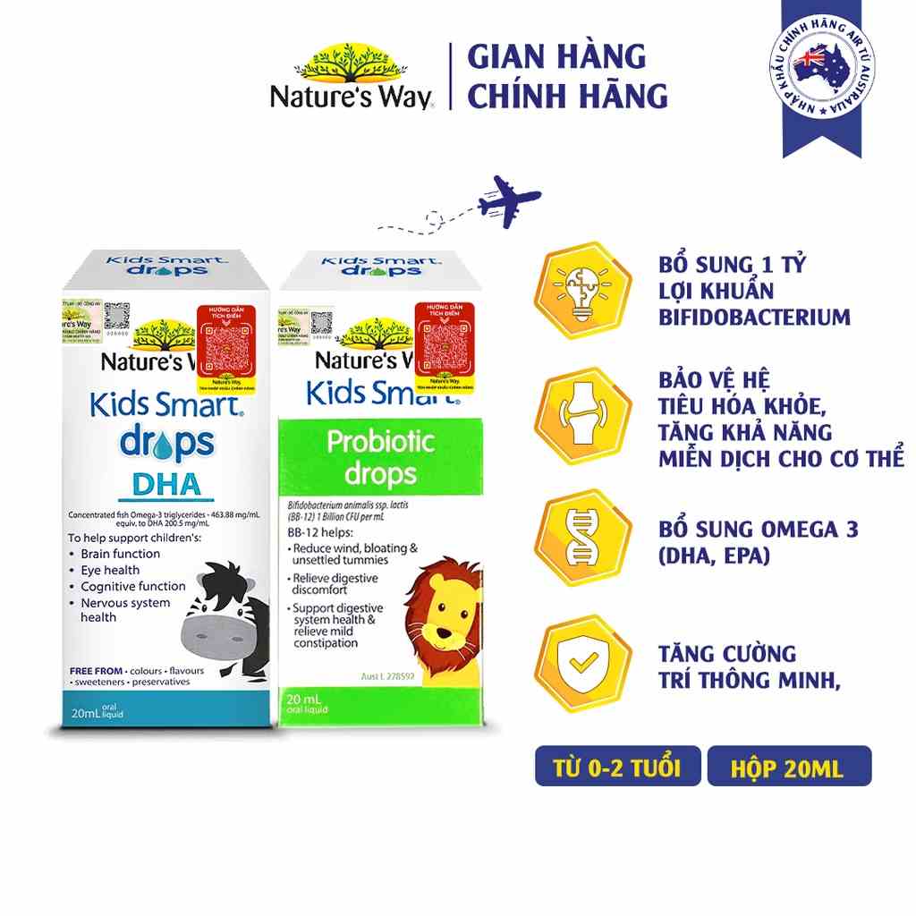 Combo 2 Siro Uống Natures Way Kids Smart Drops Probiotic Và Drops DHA Bổ Sung Dưỡng Chất Cho Bé