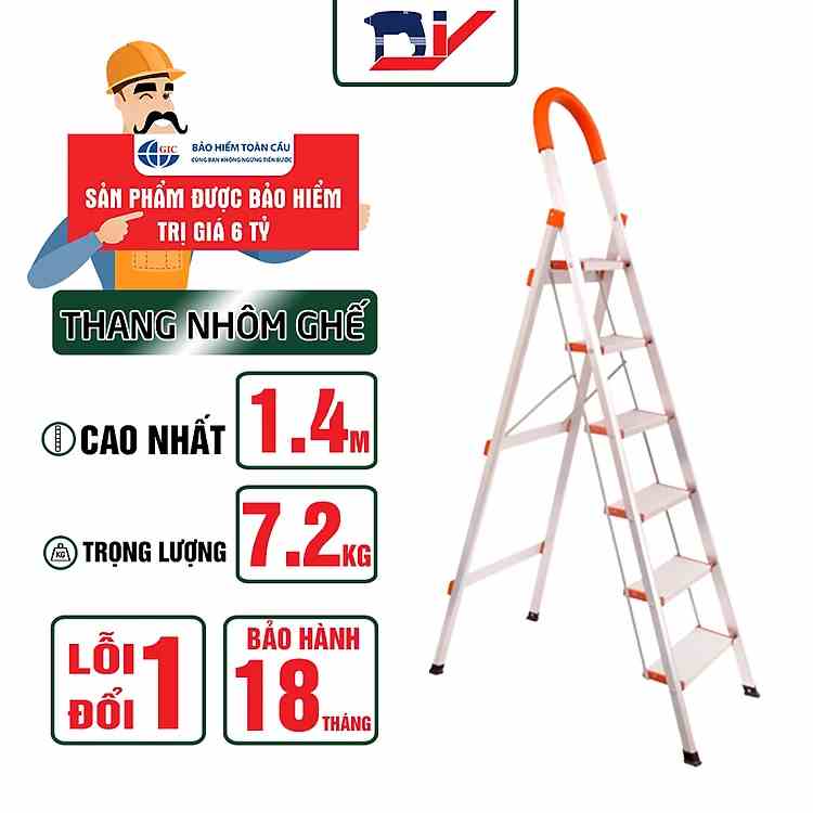 [HỎA TỐC 2H HCM] Thang nhôm ghế 6 bậc DIY TLN-06 chiều cao sử dụng tối đa 145cm - Tiêu chuẩn an toàn Châu Âu