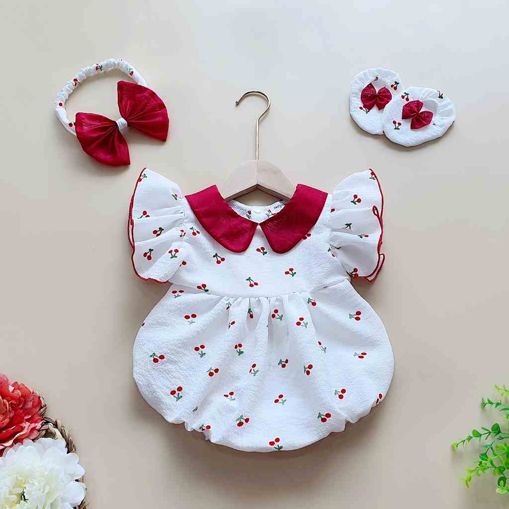 Set bodysuit cho bé gái kèm nón và giày MINTSCLOSET Mints Closet body trắng cherry đỏ bé sơ sinh 1 2 3 tuổi - BS6108