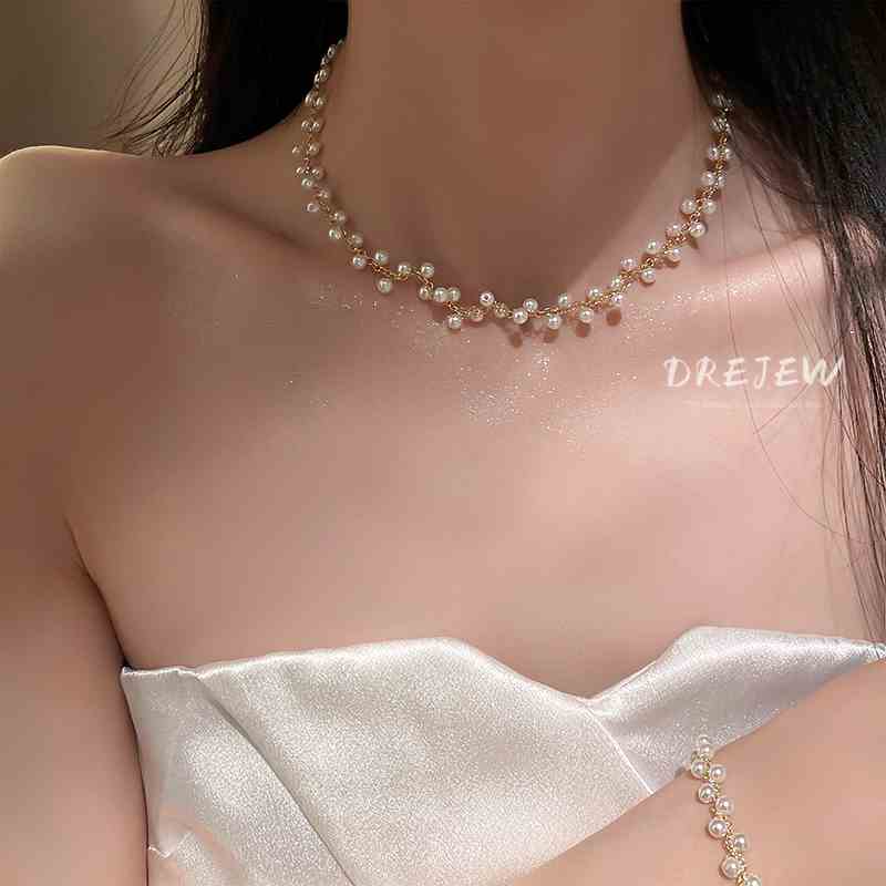 DREJEW Vòng cổ choker ngắn đính ngọc trai pha lê phong cách Hàn Quốc thời trang