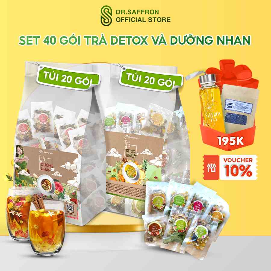 Set 40 gói trà detox dưỡng nhan mix vị tặng bình nước, hạt chia giúp đẹp da, đẹp dáng