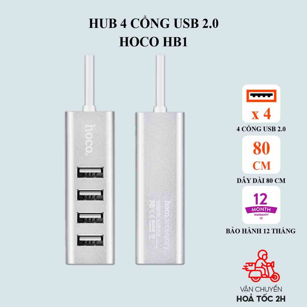 Hub 4 cổng USB Hoco HB1 : Hub 4 cổng USB 2.0 kết nối thiết bị ngoại vi (bàn phím, chuột, USB, ổ cứng di động)