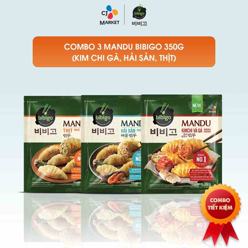 [Mã BMLTA35 giảm đến 35K đơn 99K] [HCM] COMBO 03 Bánh xếp Mandu Hàn Quốc Bibigo - Kim chi Gà, Hải sản, Thịt (350g x 3)