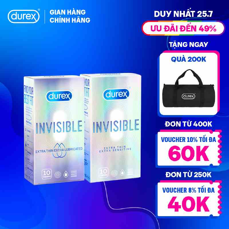 Bộ 1 bao cao su Durex Invisible Extra Lubricated và 1 Durex Invisible Extra Sensitive siêu mỏng (size 52mm, hộp 10 bao)