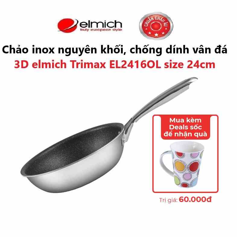 [LIFEMCMBP4 -12% đơn 250K] Chảo inox nguyên khối, chống dính vân đá 3D elmich Trimax EL2416OL size 24cm