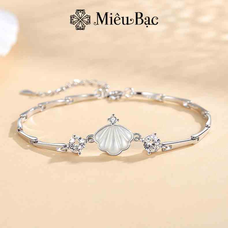 Lắc tay bạc nữ Miêu Bạc Vỏ sò đá mặt trăng moonstone chất liệu bạc 925 xi kim màu trắng xám phụ kiện thời trang L000146x