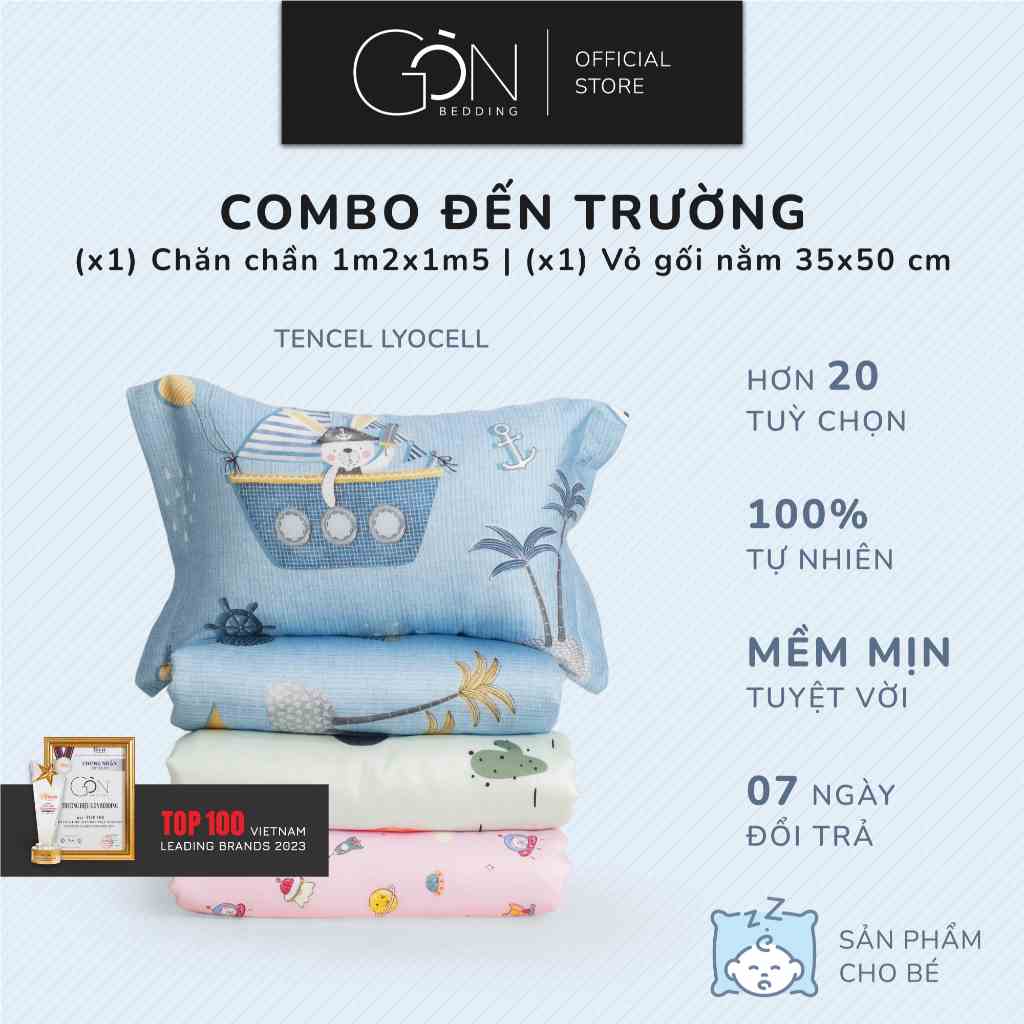 [Combo đến trường] Bộ Chăn Gối Em Bé Lụa Tencel 60s Cao Cấp Gòn Bedding (Siêu mềm mát, an toàn cho da)