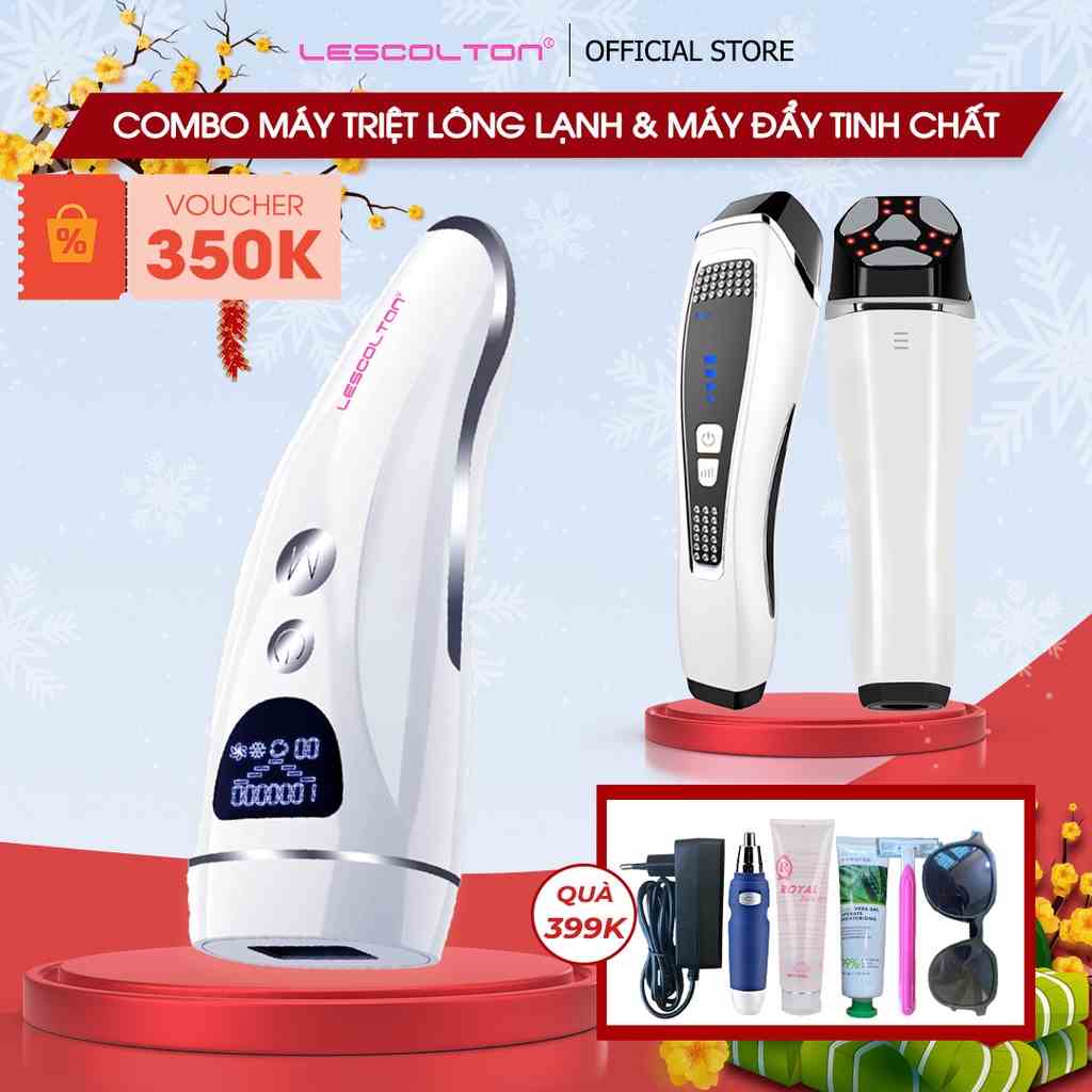 Set máy triệt lông lạnh cao cấp tích hợp chế độ trẻ hóa da và máy di tinh chất nâng cơ mặt chính hãng LESCOLTON