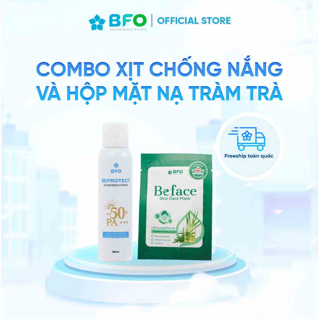 Combo Xịt chống nắng Beprotect Sunscreen Spray 180ml (Đồng) + Hộp mặt nạ tràm trà (10 miếng)