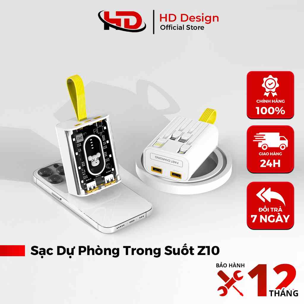 Sạc Dự Phòng Trong Suốt 10000mha Z10 - Sẵn 3 Đầu Sạc Tiện Lợi - Led Hiển Thị Pin - Chính Hãng HD DESIGN