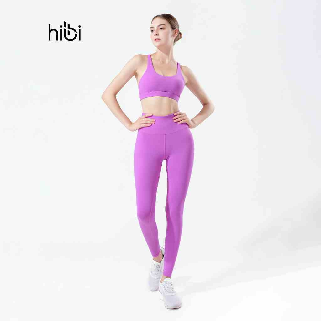 Set đồ tập yoga gym Luxury Hibi Sports H145 4 dây đan VX, size mới, màu Tím kèm mút ngực, vải cao cấp Hi Fabric