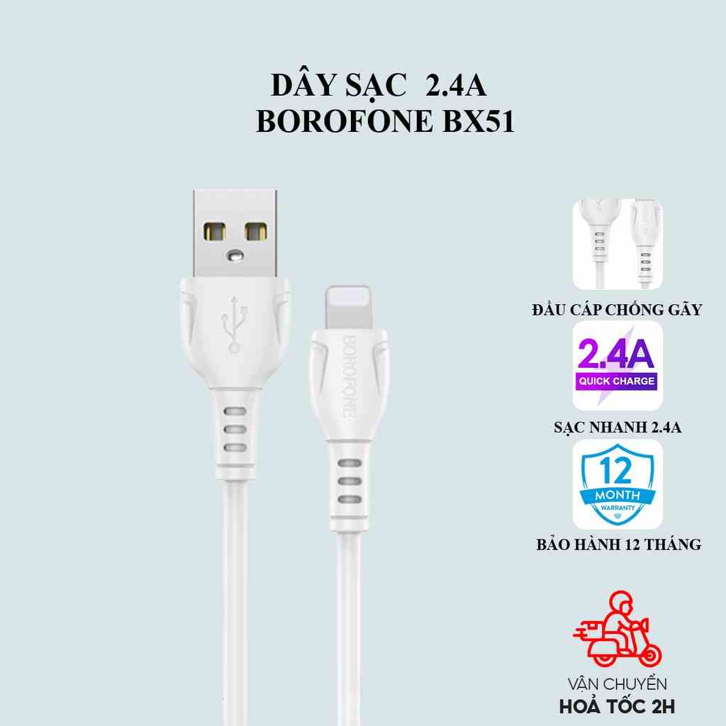 Dây sạc iphone Borofone BX51, Dây cáp sạc chống đứt gãy 2.4A dài 1 mét cho iphone/android