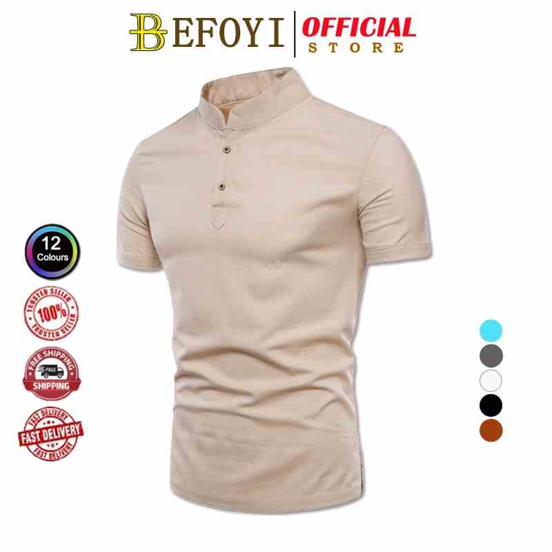 BEFOYI Men Casual Shirt Linen Slim Fit Plain Short Sleeve Stand Collar Tops SM201